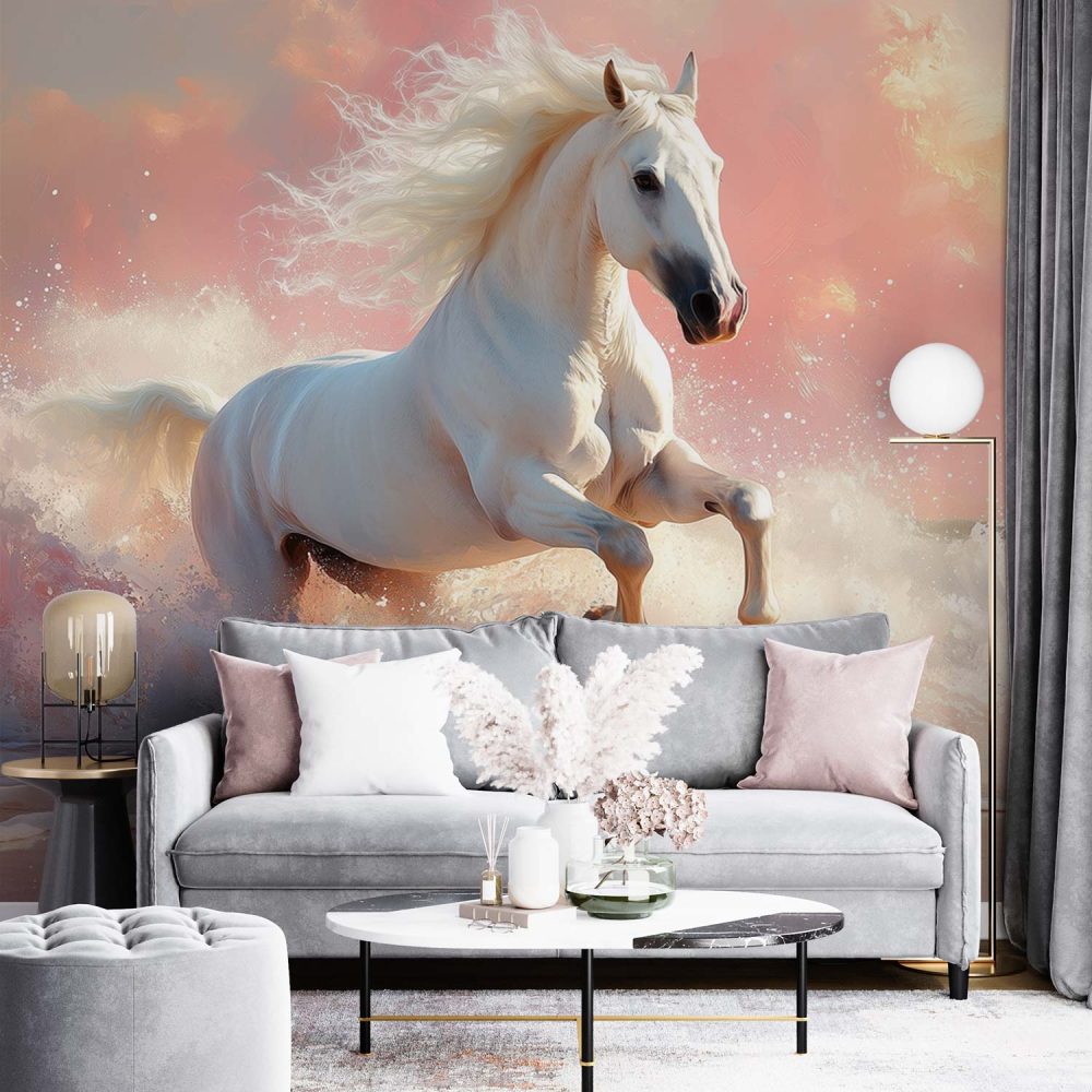 Alternative view of Majestueuze strandgalopperende witte paard behang