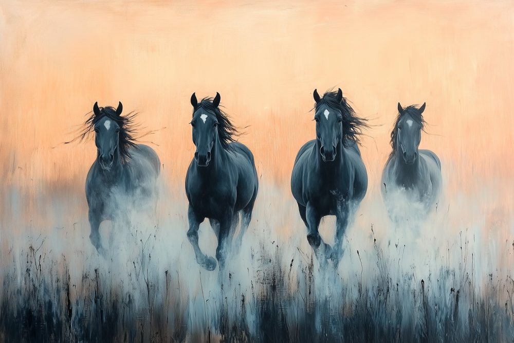 Vier zwarte paarden in galop behang