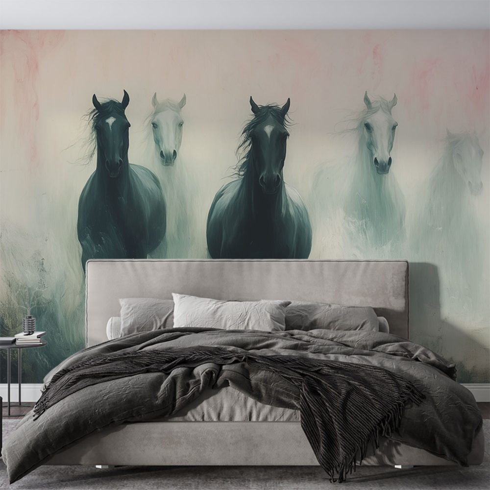 Alternative view of Dynamische Roze Galopperende Paarden behang