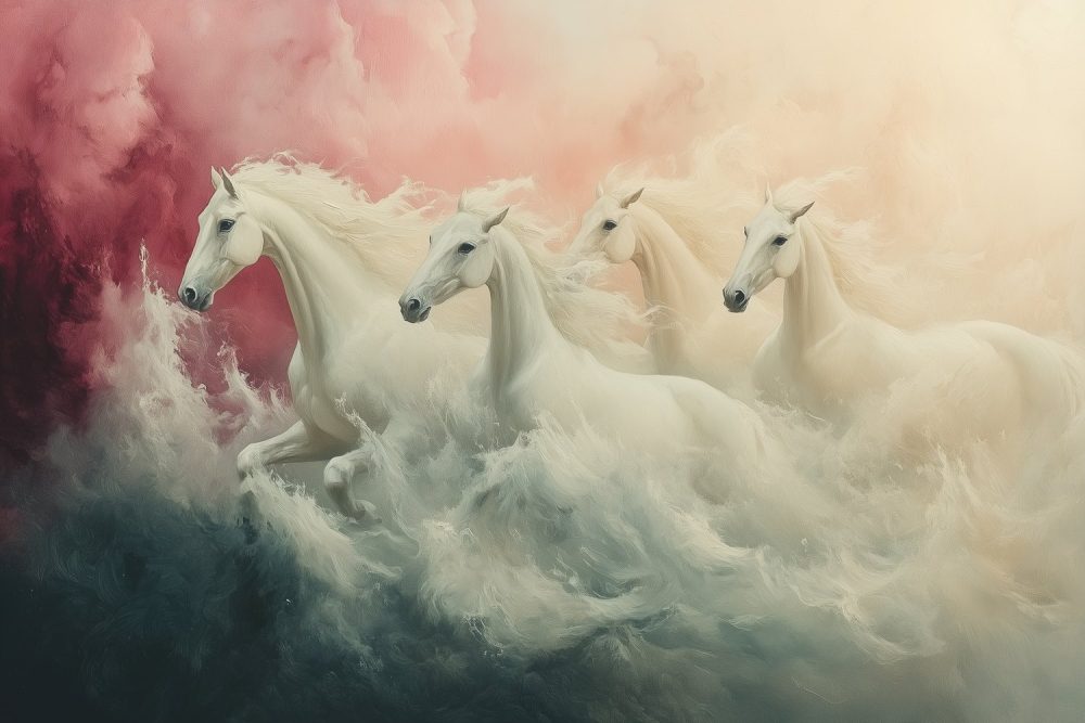 Witte paarden in rook behang