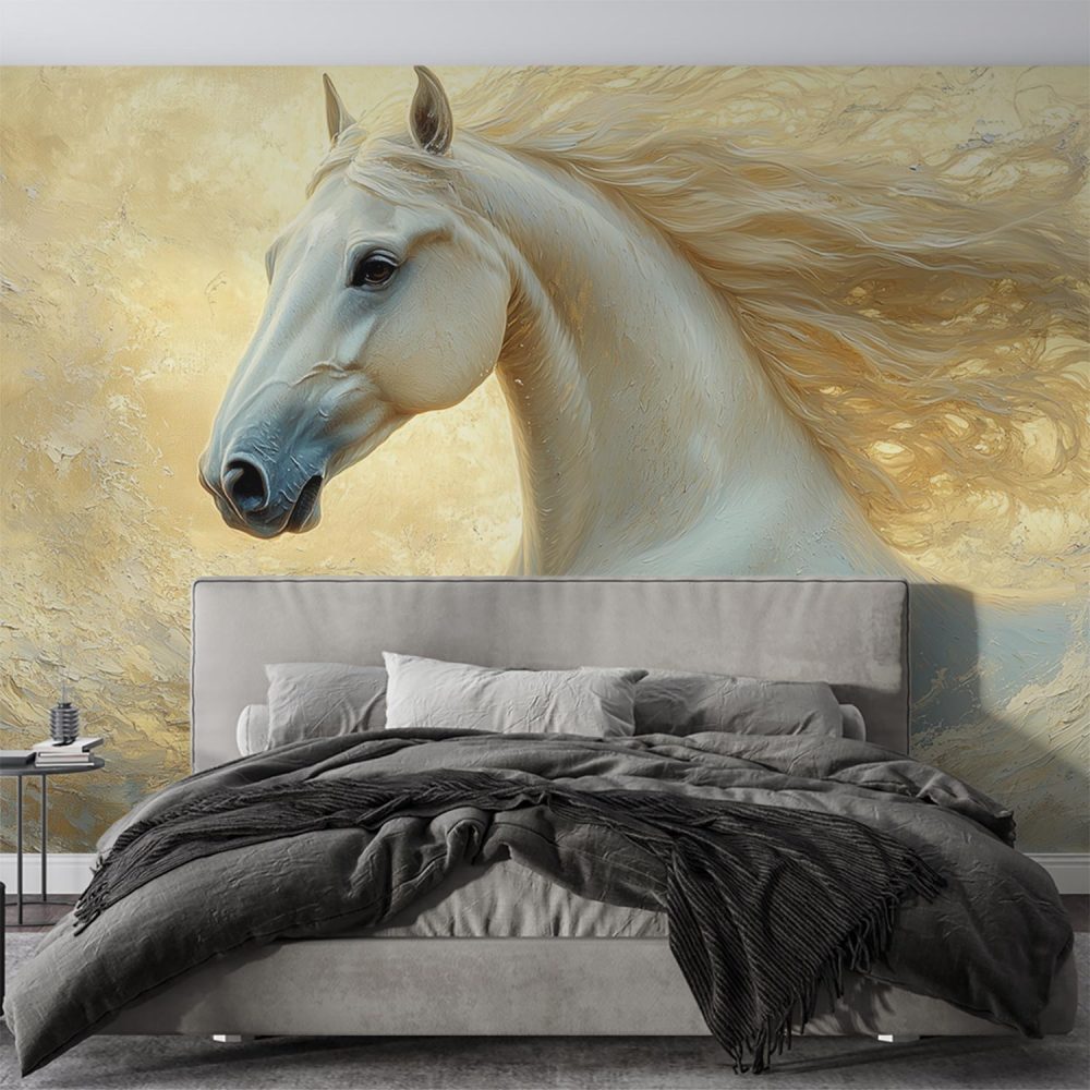 Alternative view of Witte golfgalopperende paard behang