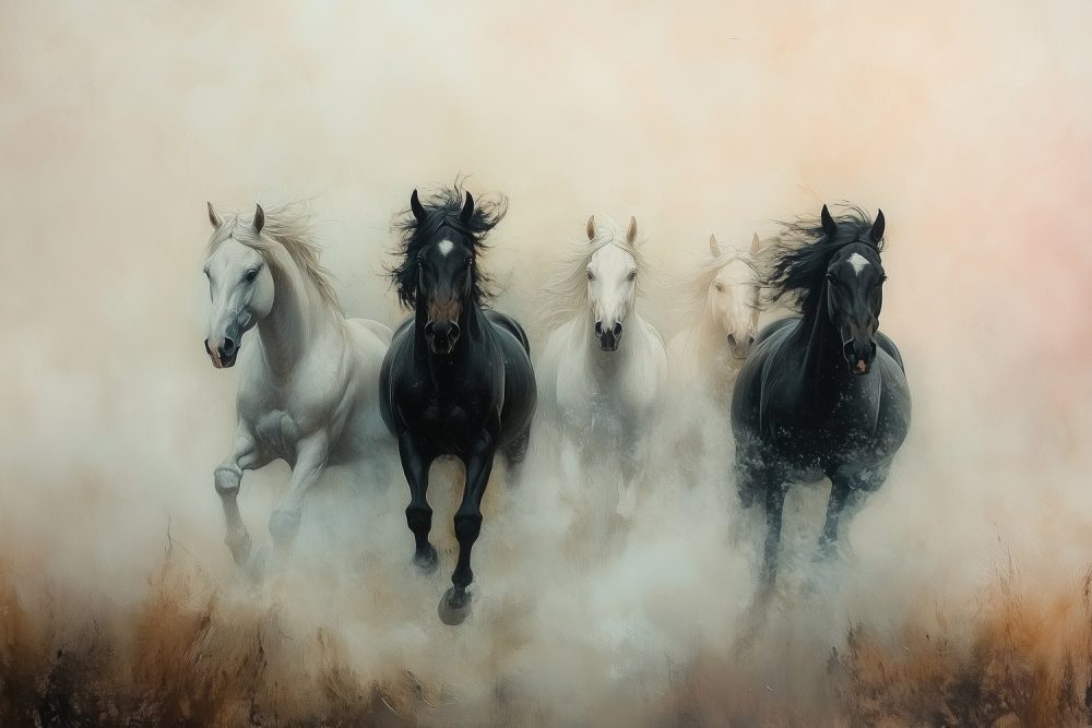 Vijf galopperende paarden in veld behang