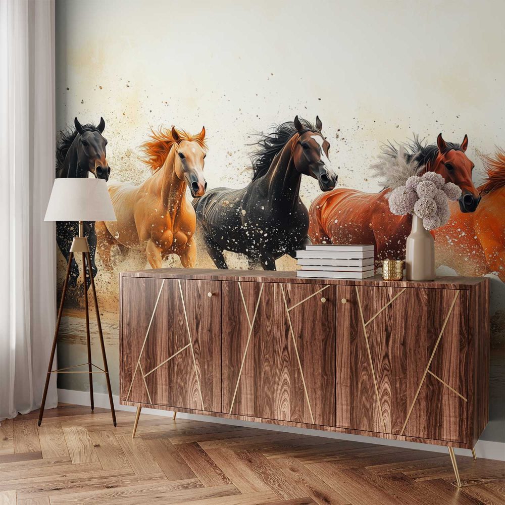 Alternative view of Levendige galopperende paarden behang