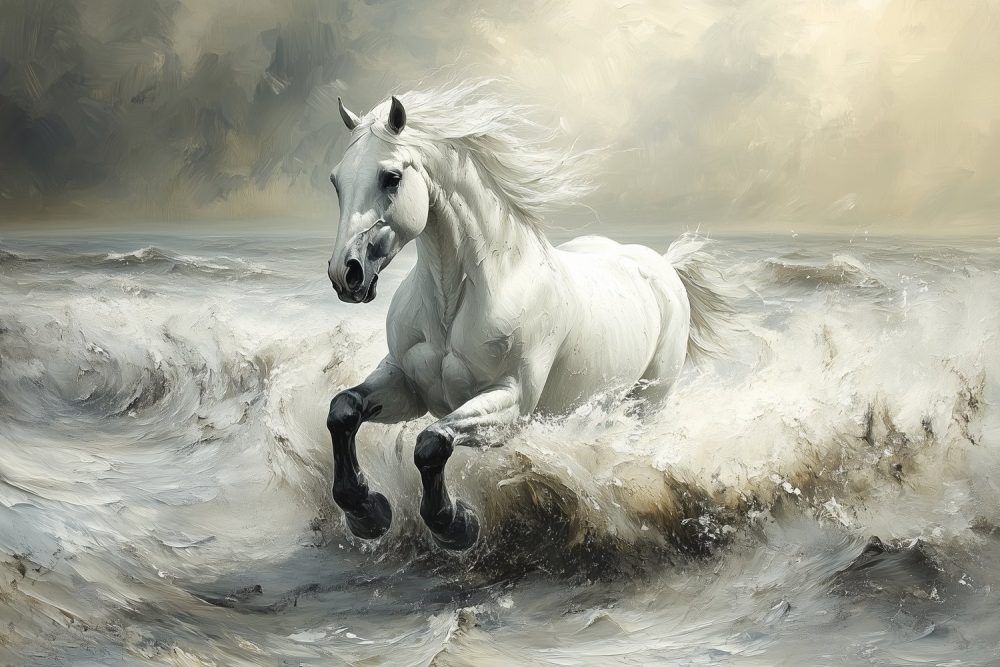 Witte galopperende waterpaard behang