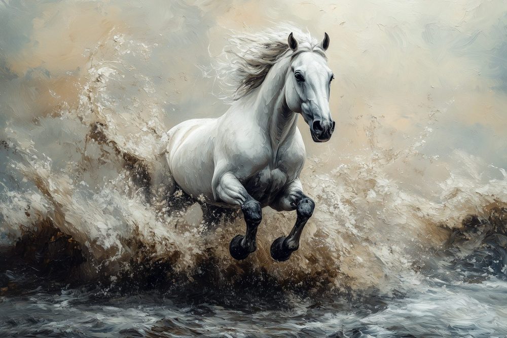 Witte galopperende waterpaard behang