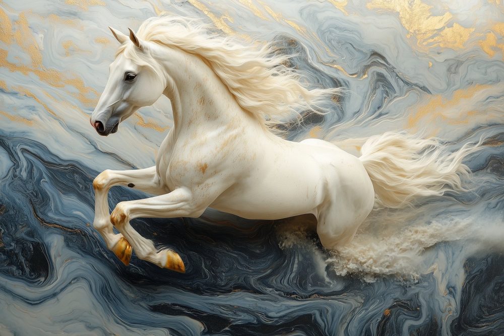Marmergalopperend wit paard behang