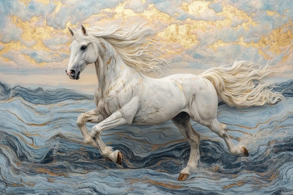 Witte paard op blauwe zee behang