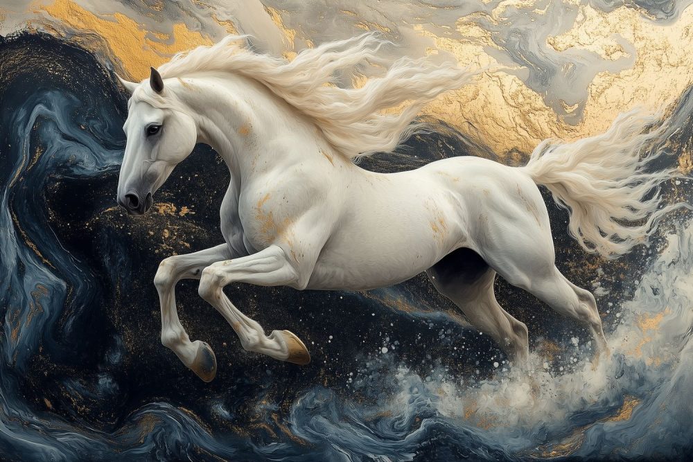 Witte galopperende paard behang