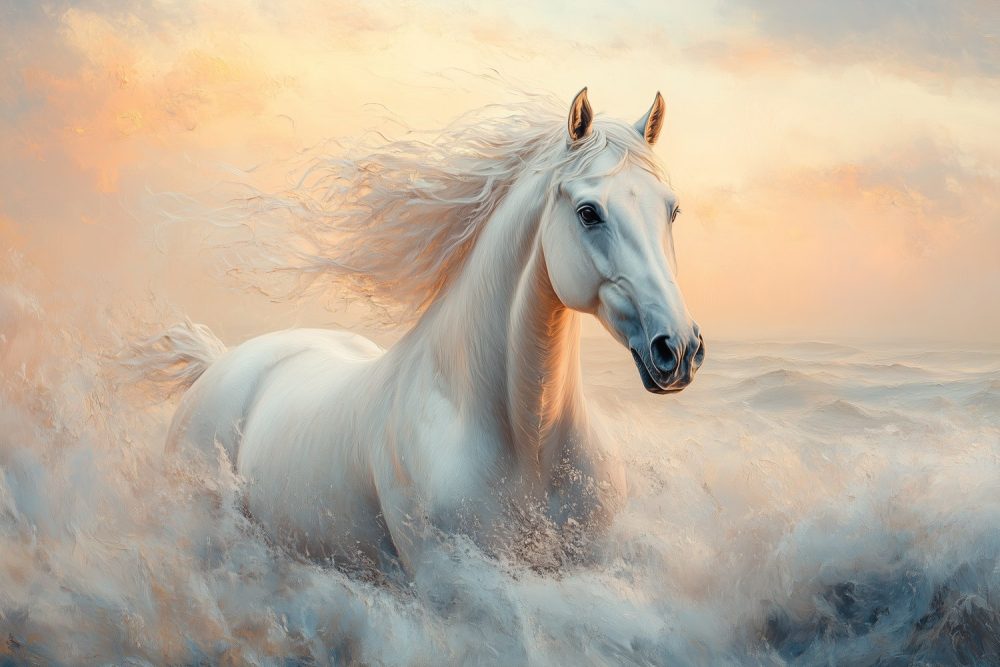 Witte rennende paardenkracht behang