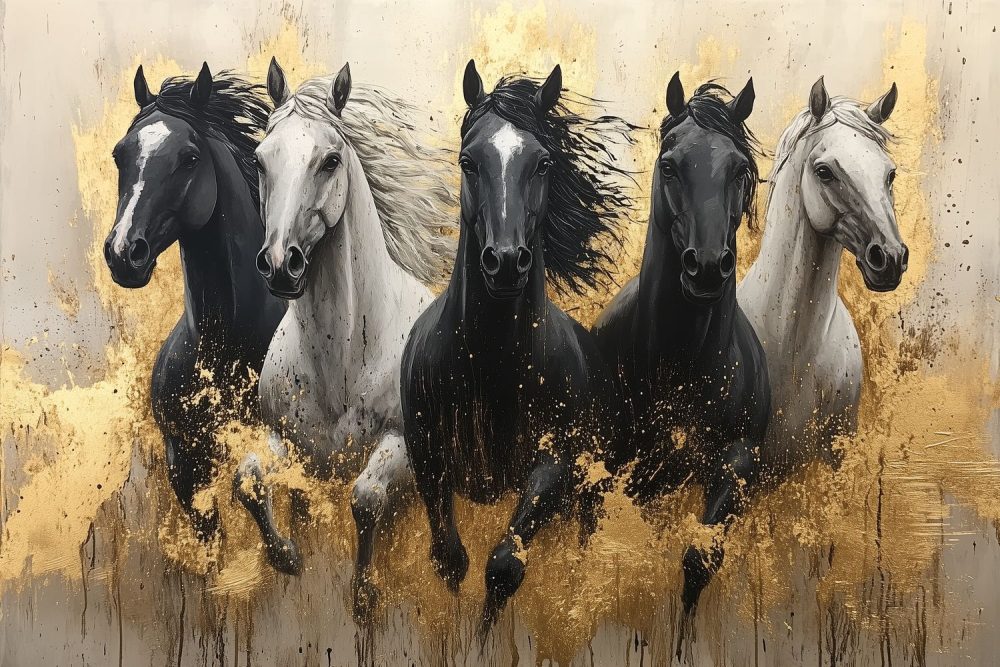 Zwart-witte galopperende paarden behang