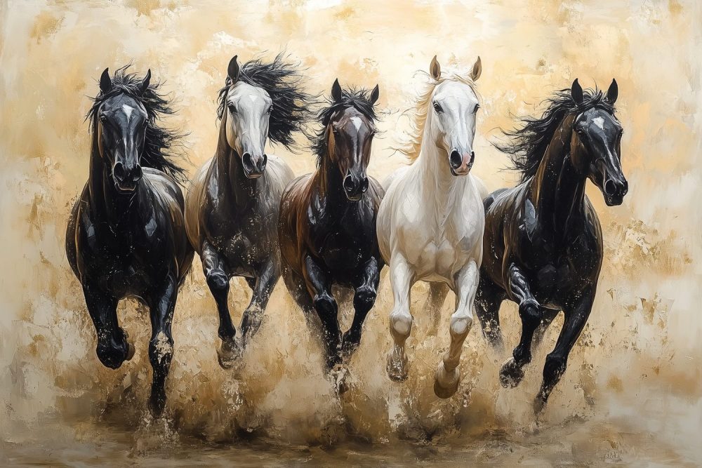 Vijf galopperende paarden behang