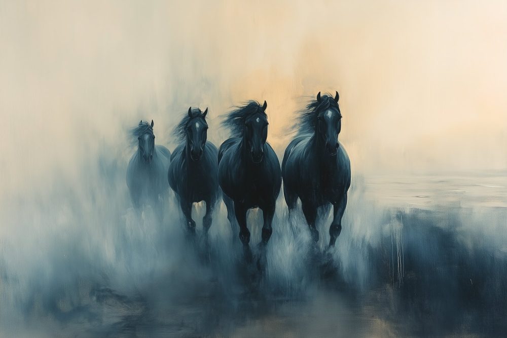 Mistige Galopperende Zwarte Paarden behang