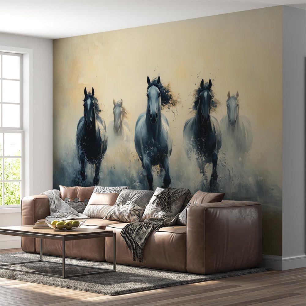 Alternative view of Majestueuze paarden in water behang