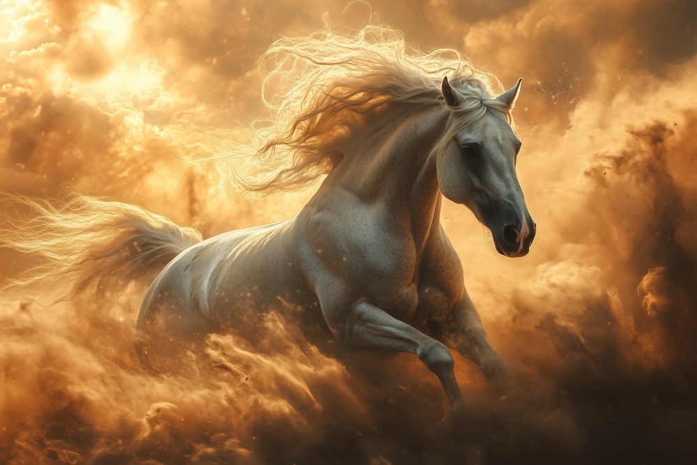 Witte galopperende paardenkracht behang