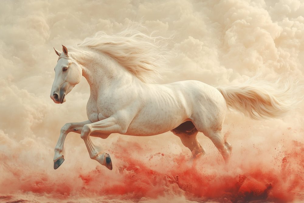 Witte paard in rode poederwolk behang