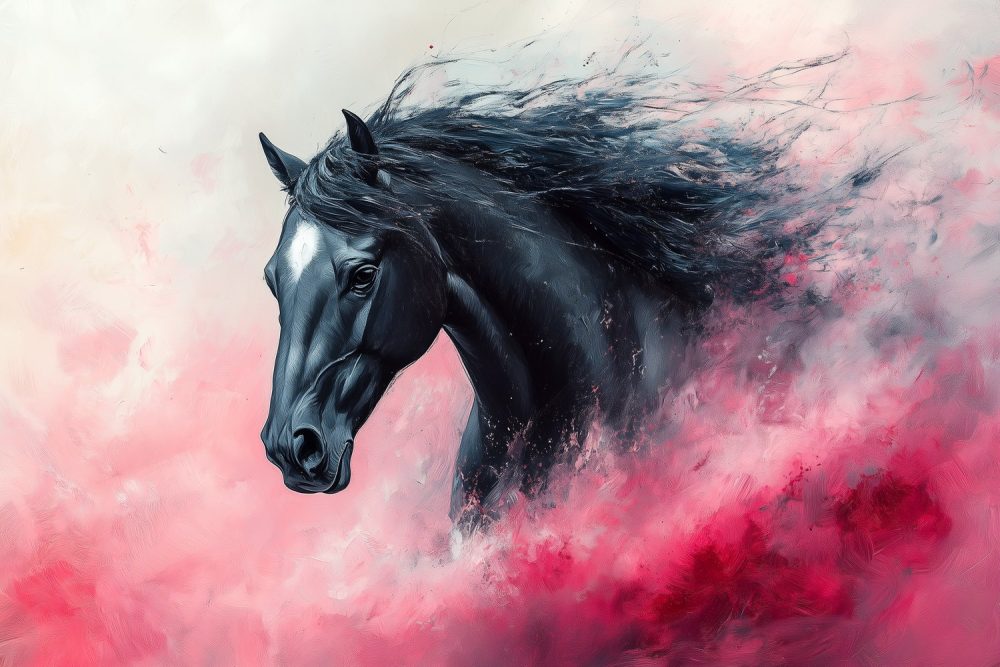 Zwarte renpaard in roze behang