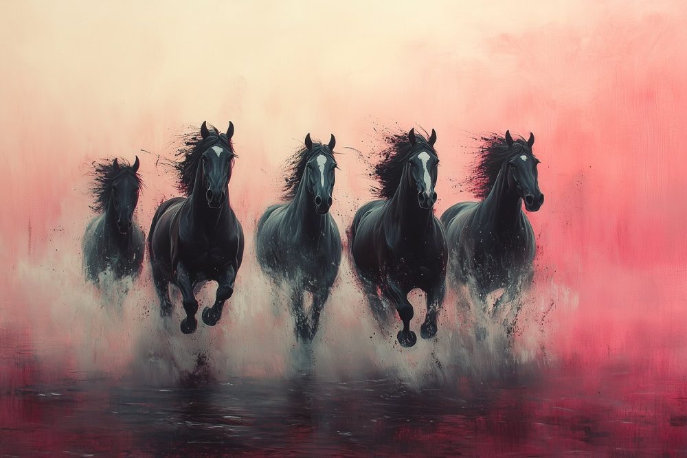 Vijf galopperende zwarte paarden behang