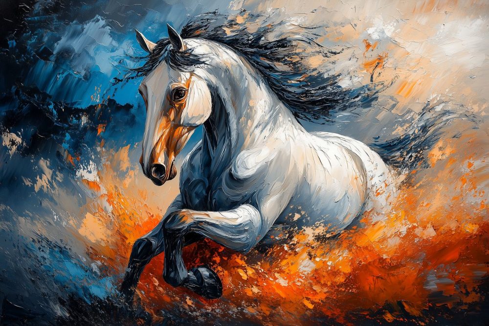 Witte galopperende paardimpressie behang