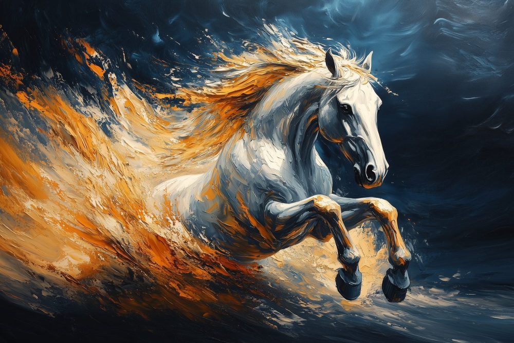 Witte galopperende paardenschilderij behang