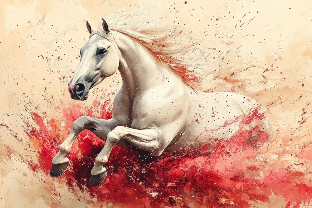 Witte galopperende paardenkunst behang