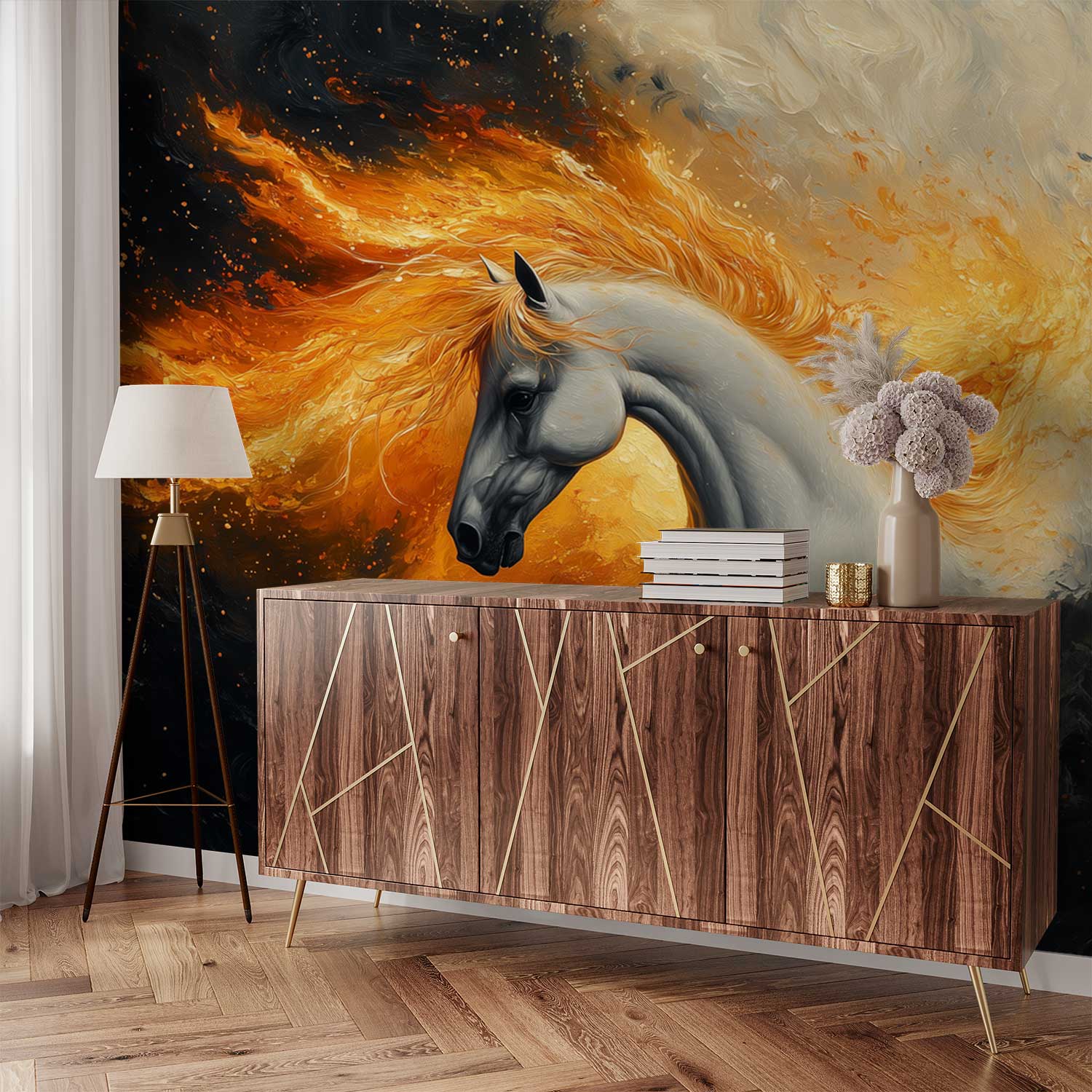 Vlammend Witte Paard behang - Afbeelding 3