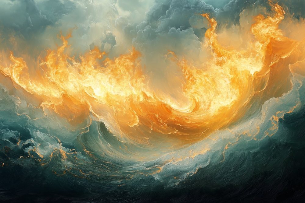 Stormachtige oceaan met vlammen behang