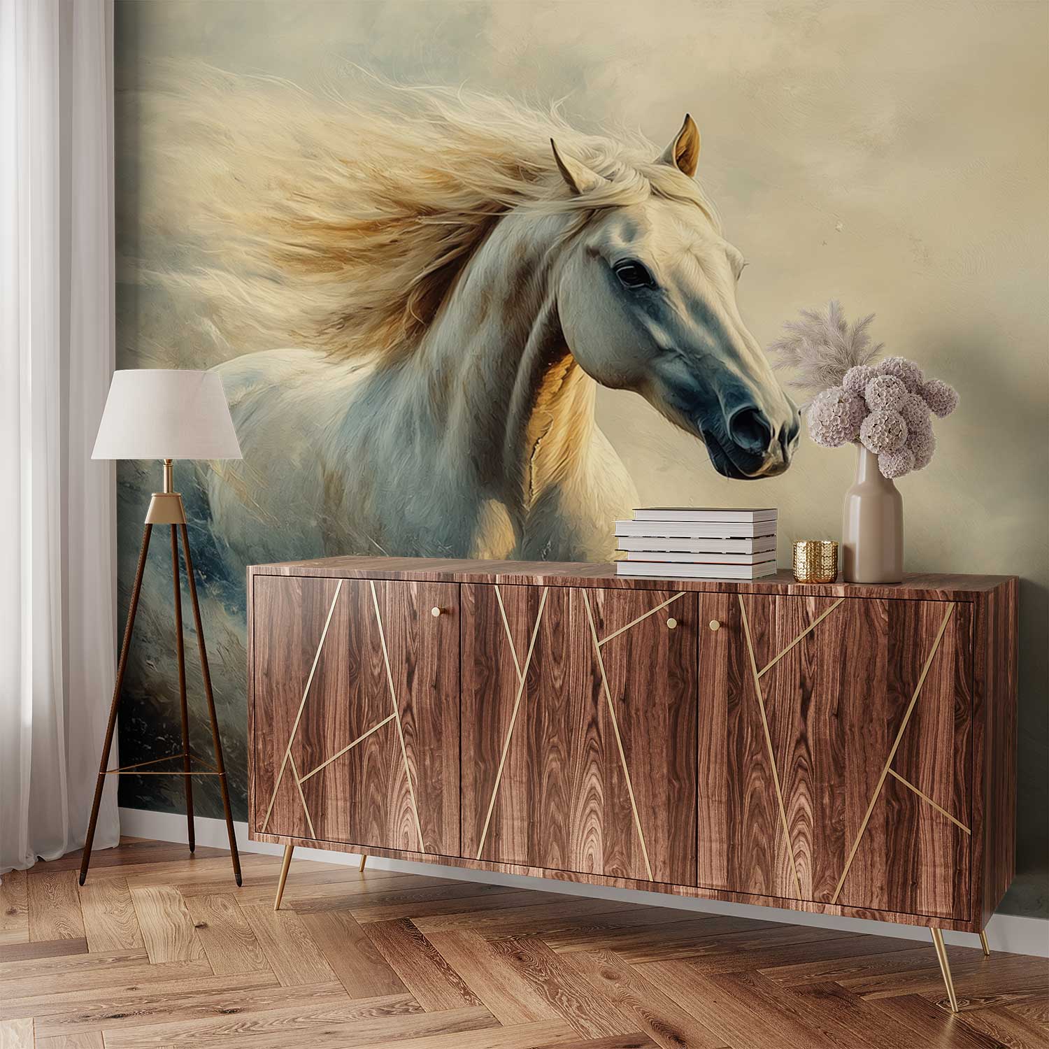 Witte galopperende paard behang - Afbeelding 3
