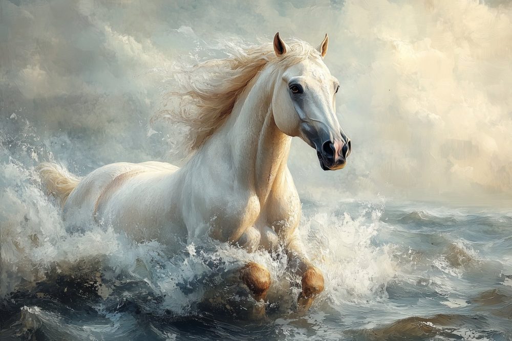 Witte galopperende waterpaard behang