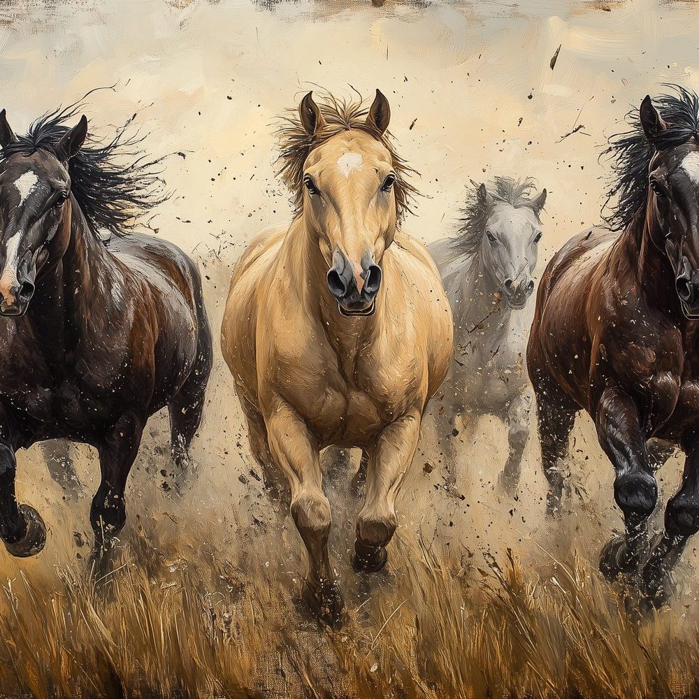 Drie galopperende paarden in veld behang