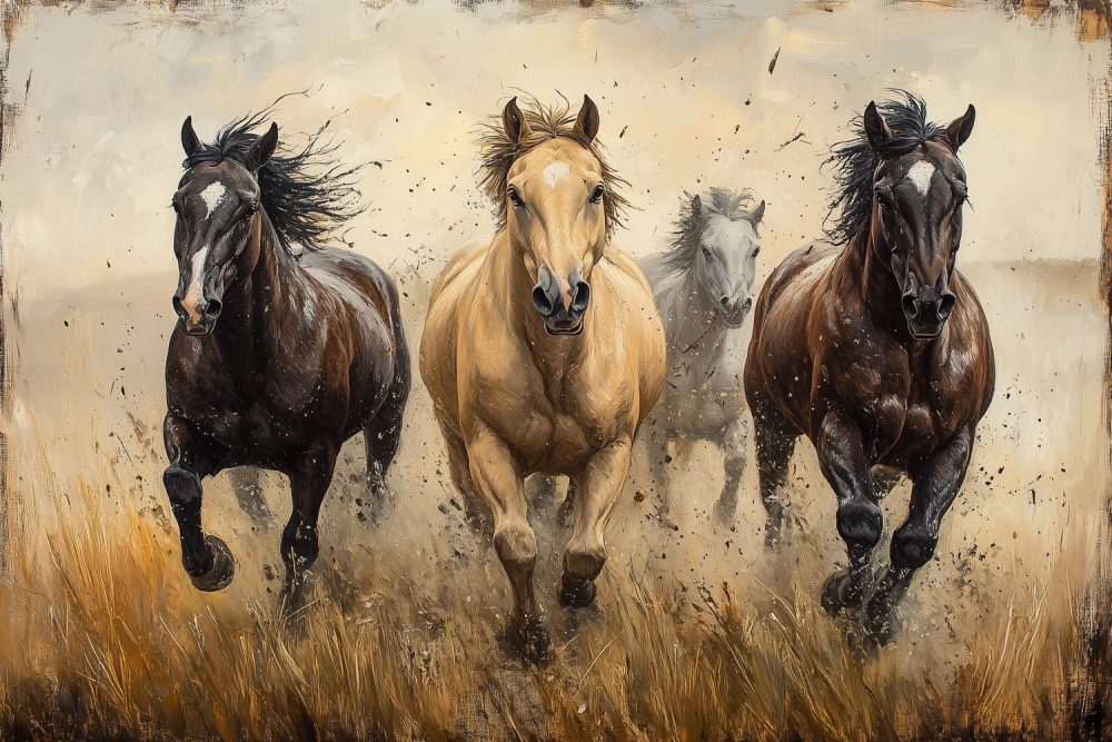 Drie galopperende paarden in veld behang