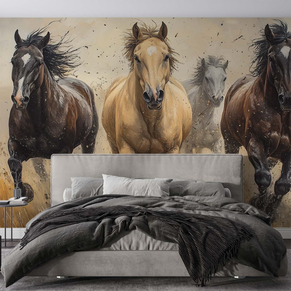 Alternative view of Drie galopperende paarden in veld behang