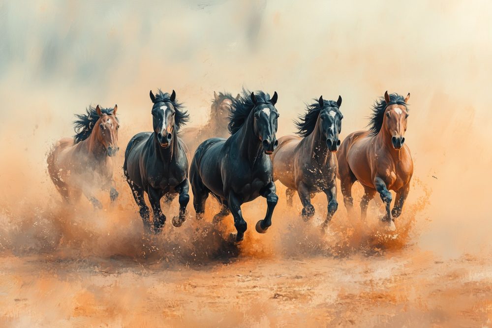 Vijf paarden in volle galop behang