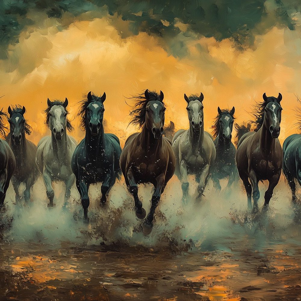 Dramatische galopperende paarden behang