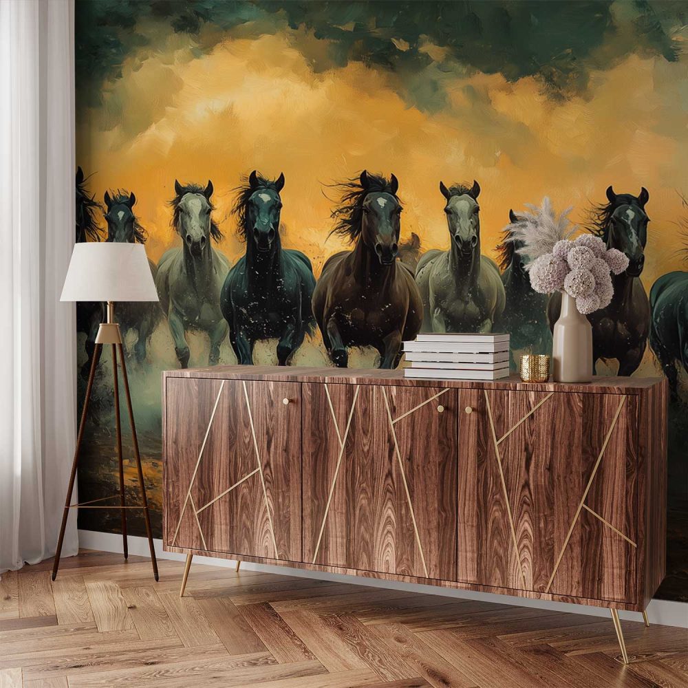 Alternative view of Dramatische galopperende paarden behang