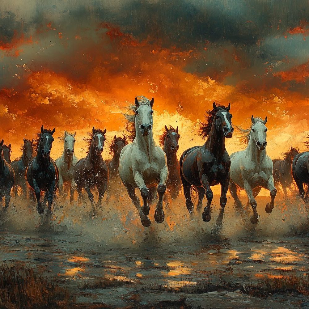 Dramatische rennende paarden behang