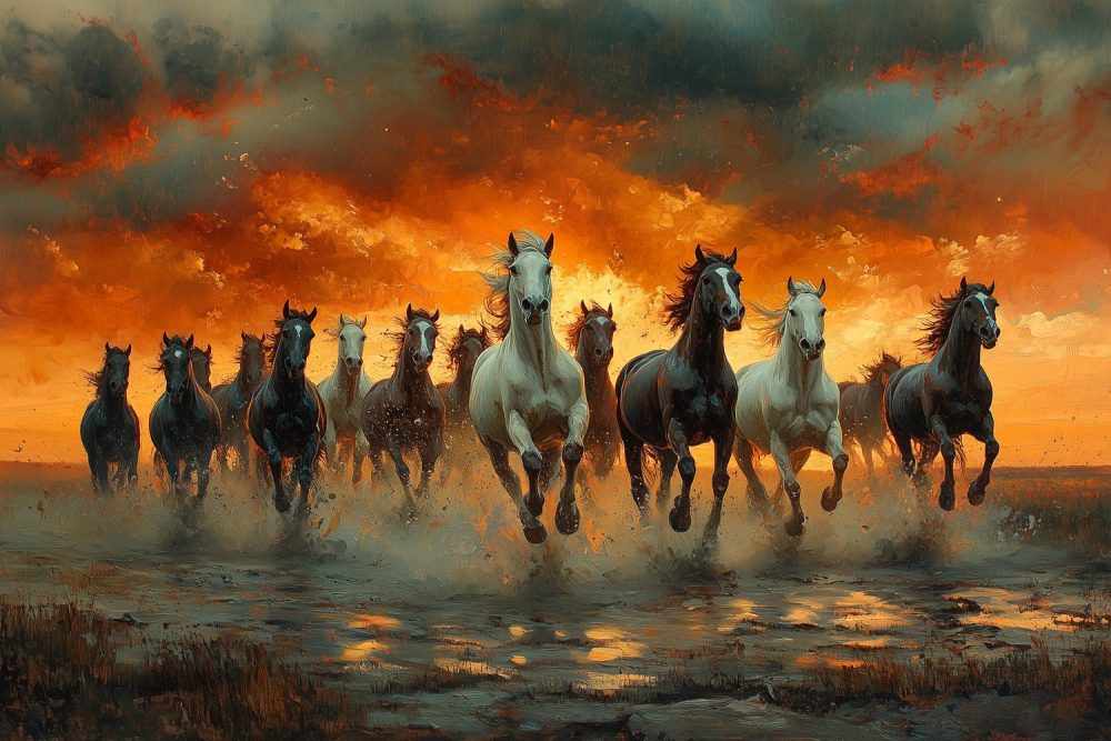 Dramatische rennende paarden behang