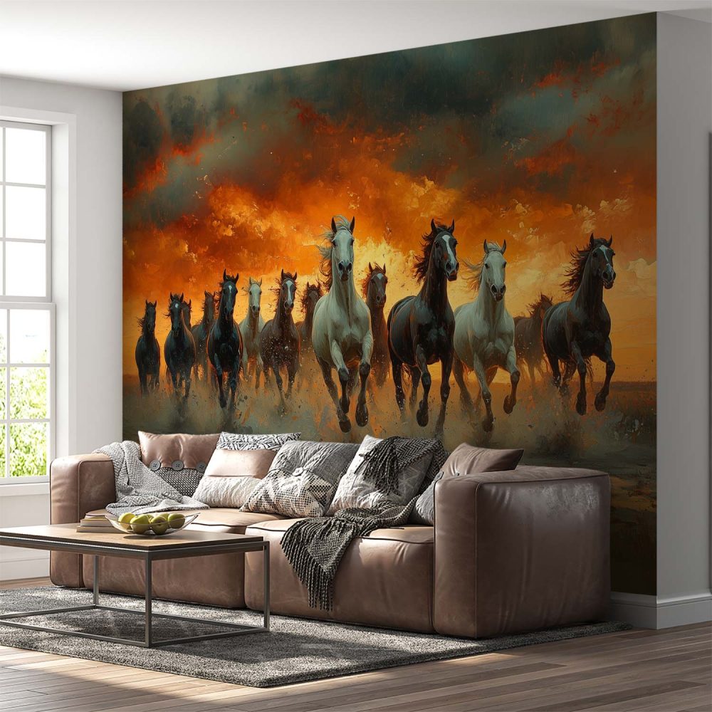 Alternative view of Dramatische rennende paarden behang