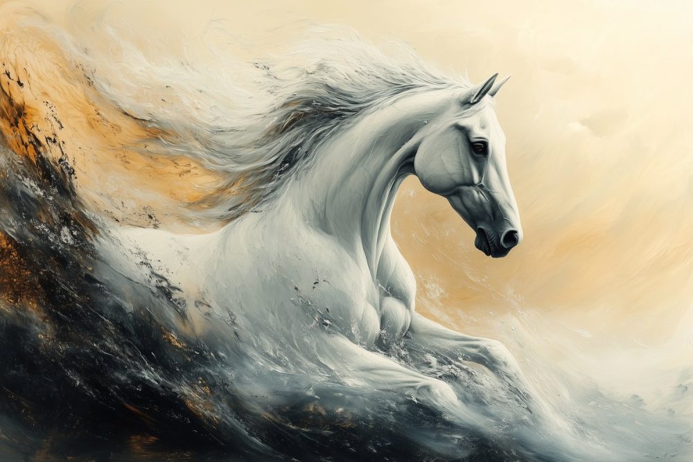 Witte Galopperende Paardenkunst behang