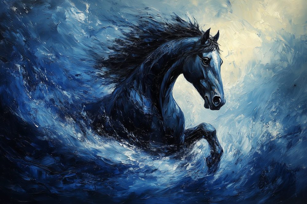 Krachtige blauwe galopperende golfpaard behang