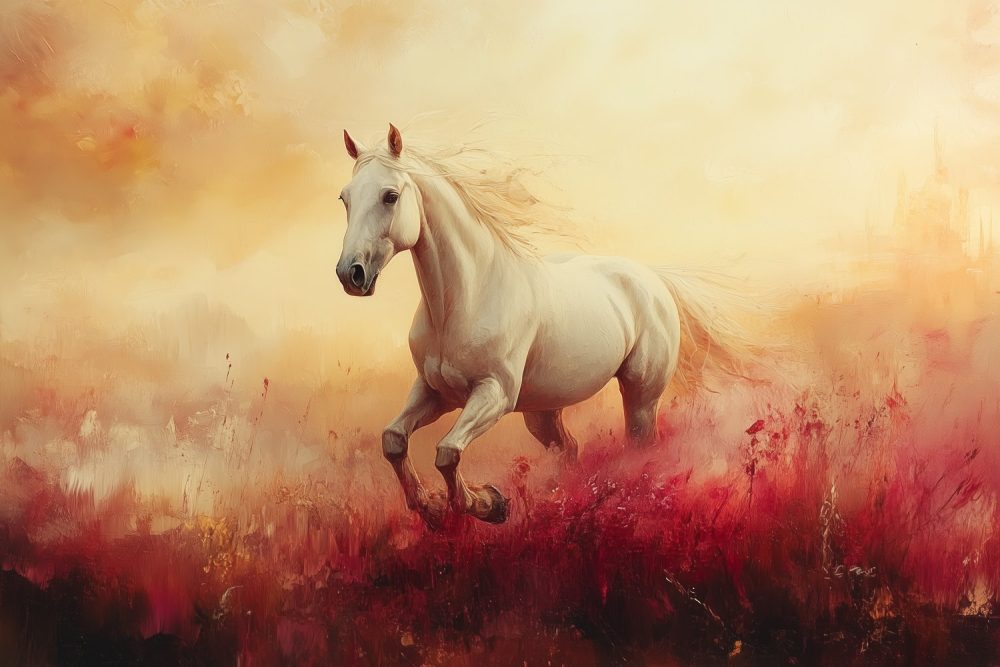 Witte paard in rode bloemen behang