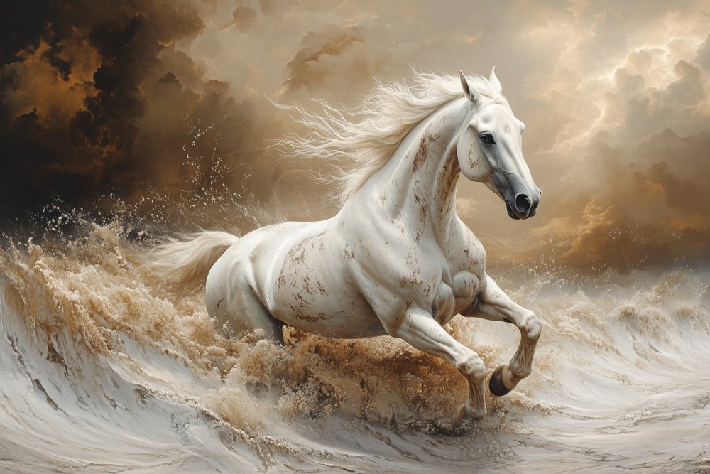 Witte paard in storm behang