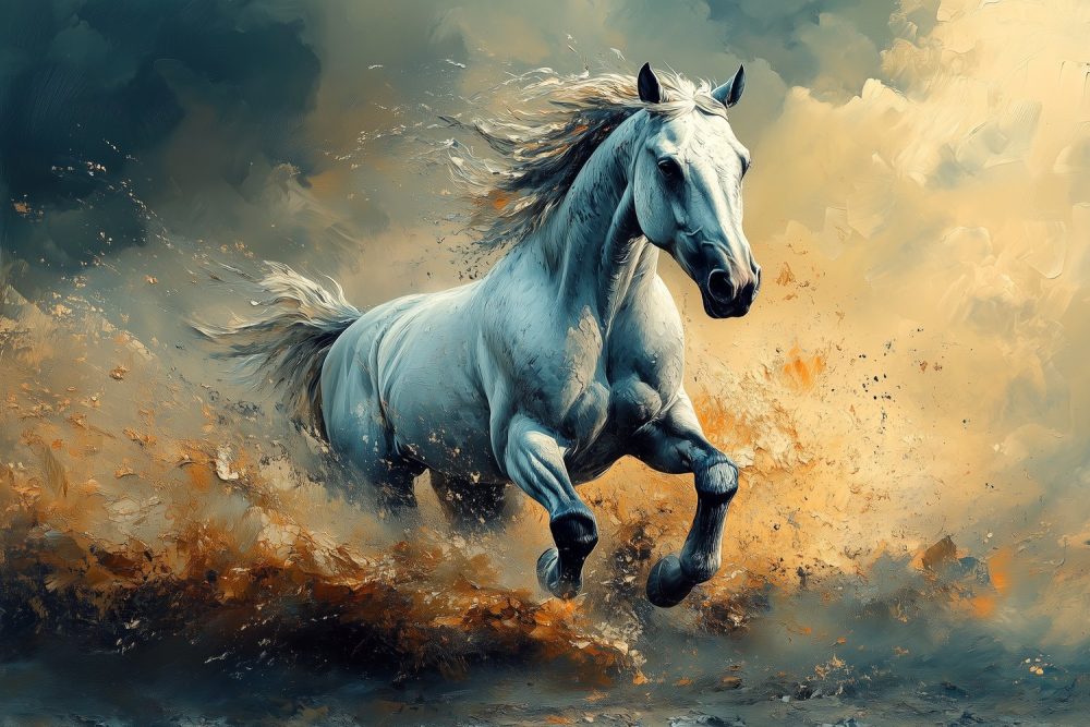 Witte galopperende paardkunst behang