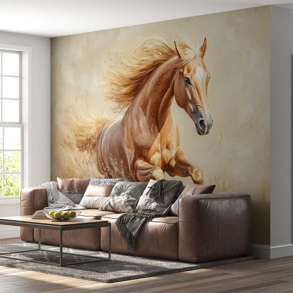 Alternative view of Bruin paard in galop behang