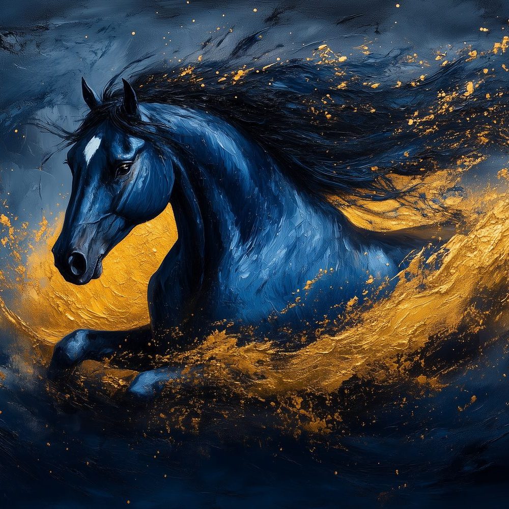 Blauw-Gouden Renpaard behang