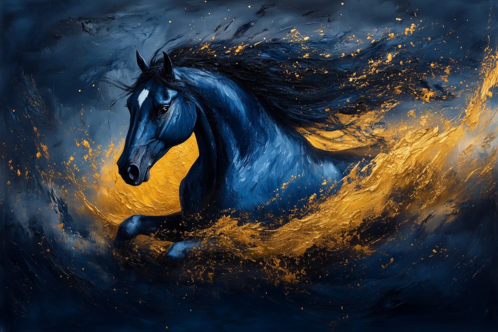 Blauw-Gouden Renpaard behang