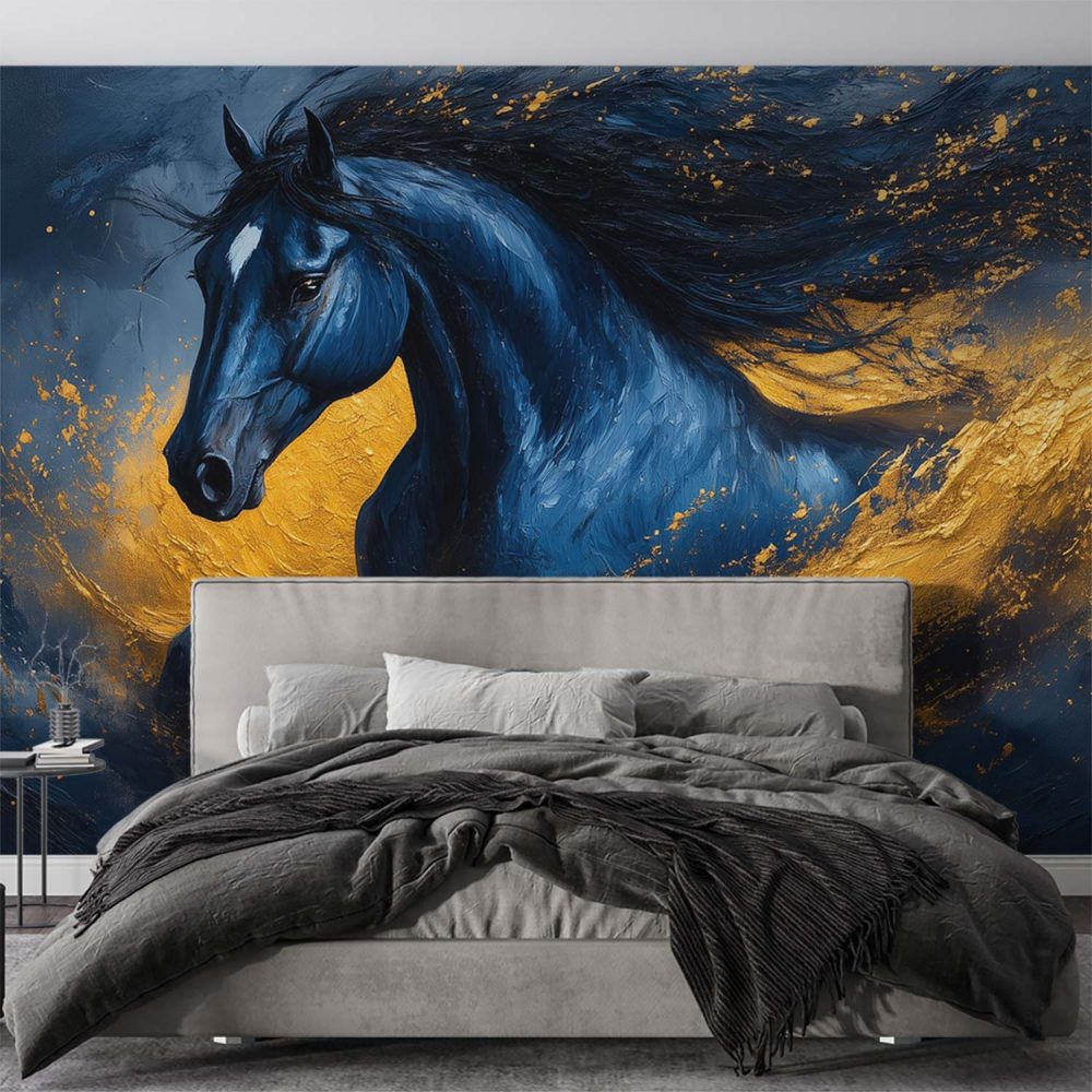 Alternative view of Blauw-Gouden Renpaard behang