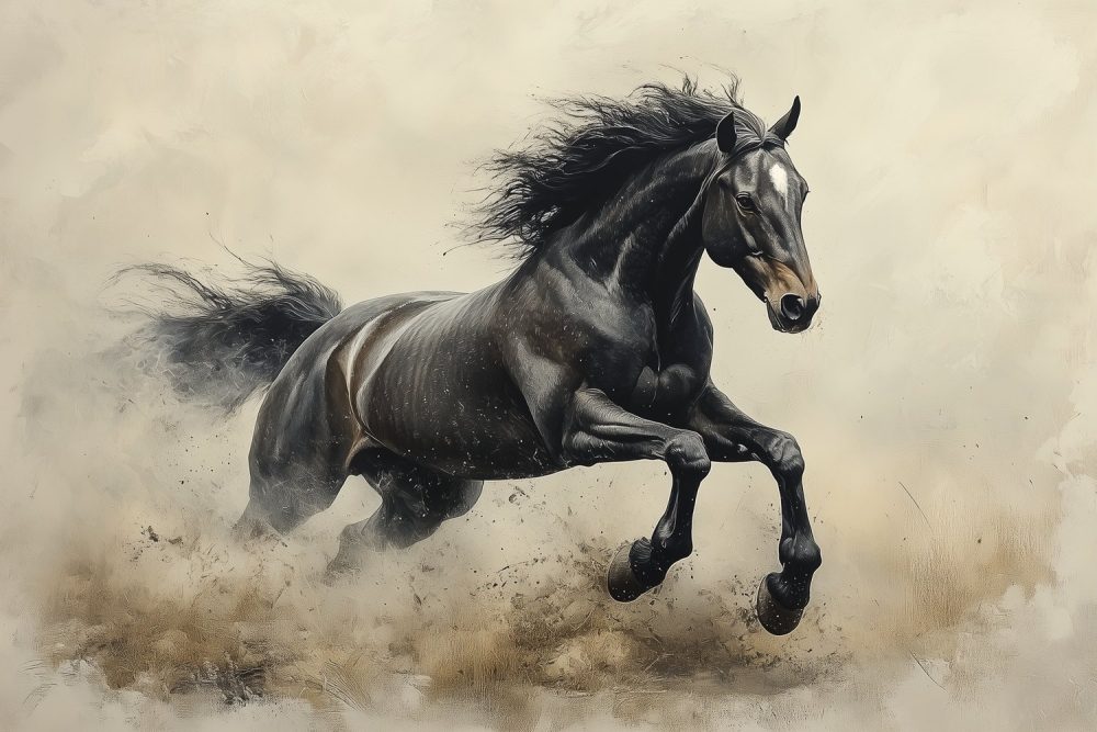 Zwart paard in galop behang