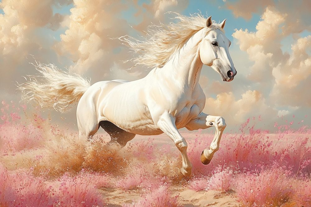 Witte paard in roze bloemen behang