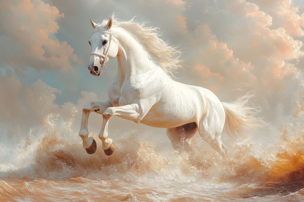 Majestueus wit paard in water behang