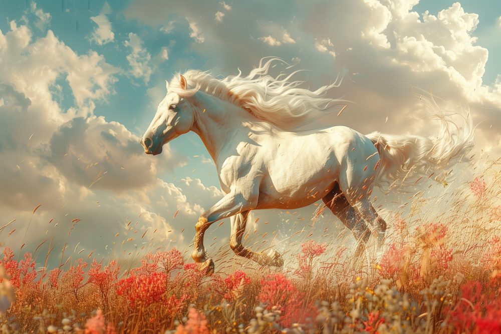 Wit Paard in Bloemenveld behang